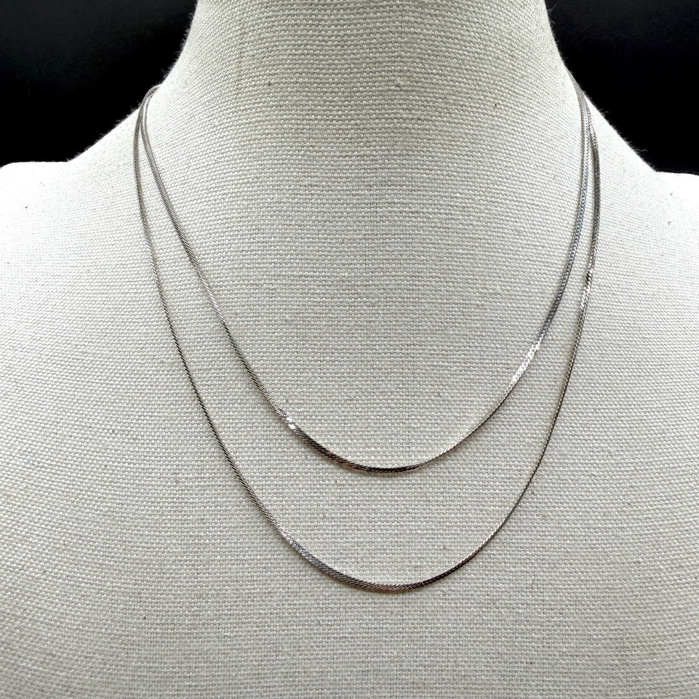 Silver Tone Double Strand Herringbone Chain Necklace Layered Minimalist Jewelry